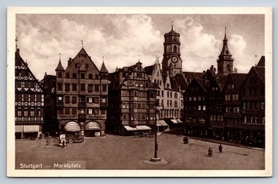 Stuttgart Marktplatz Postcard 1933 Germany Clock Tower City Square
