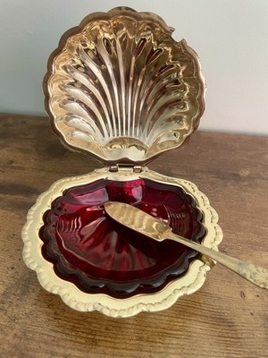 Vintage Gold & Cranberry Glaseinsatz Kaviar Buttermuschel Schale Servierschale hergestellt in UK