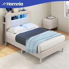 Modern Twin Size Bed Frame w/ LED Lights Upholstered Headboard & Charging Outlet