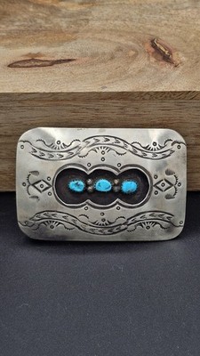 Vintage Navajo Sterling Silver Turquoise Belt Buckle Hand  display picture 2