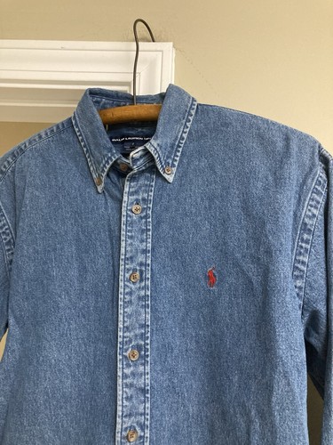Vintage Ralph Lauren Sport Denim Button Down Shirt Size 8 Blue Jean Long Sleeve - Picture 2 of 4