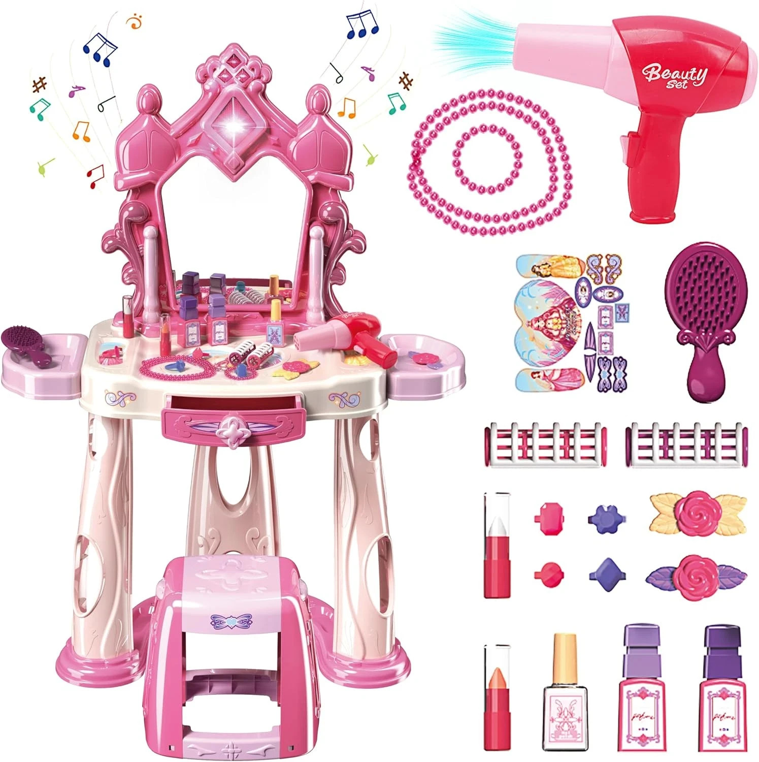 Pretend Play Girls Makeup Table Set with Stool Kids Vanity Set Lights 32pc Acc