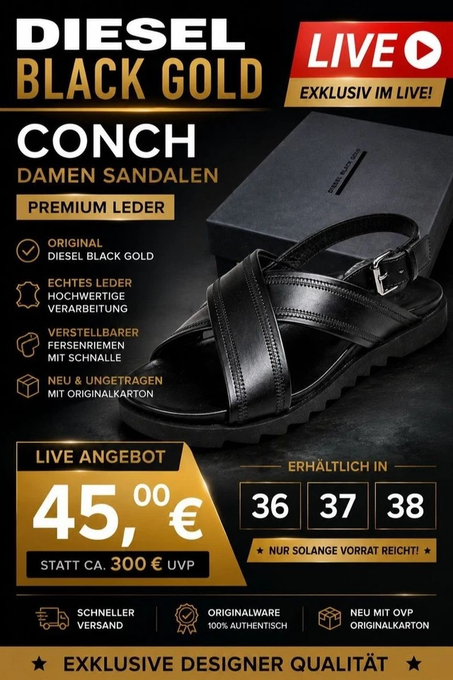 🔥 LIVE DIESEL Black Gold CONCH Damen Sandalen Leder Schwarz