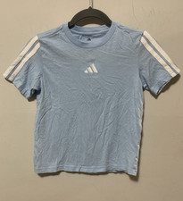 Adidas Women Small Baby Blue Stripe Logo Short Sleeve T-shirt Almost Cropped
