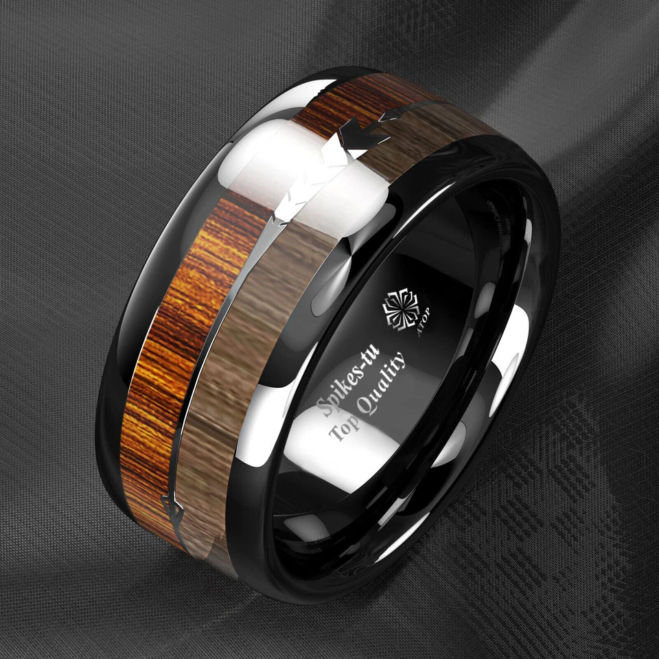 8/6mm Black Dome Tungsten Ring 2 Style Wood Arrow Wedding Band ATOP Men Jewelry - Image 3 of 4
