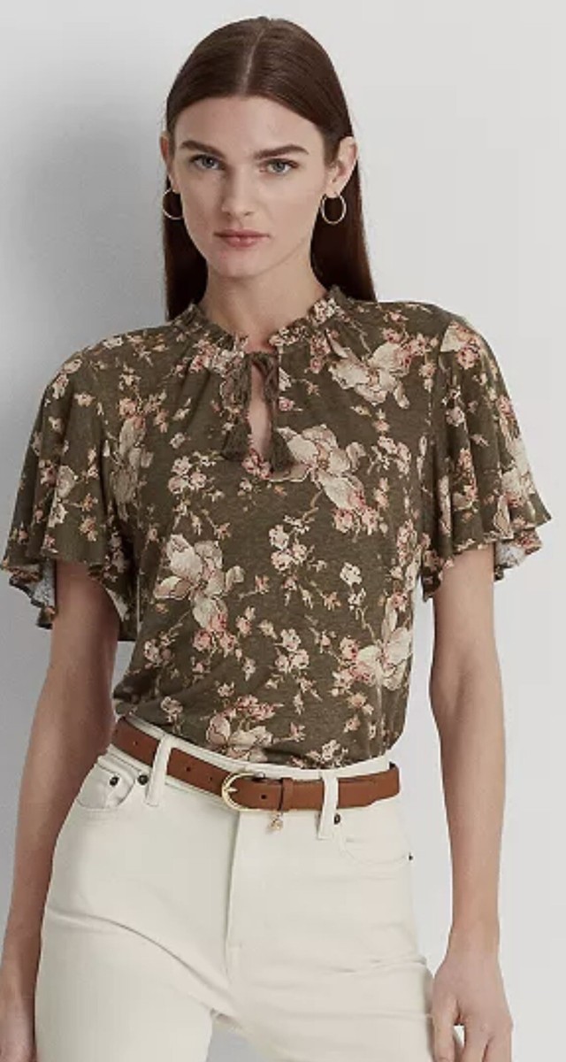 NWT Lauren Ralph Lauren Women's Floral Jersey Tie-Neck Top