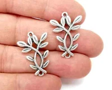 2 Branch Plant Leaf Charms Connector Antique Silver Plated G28080