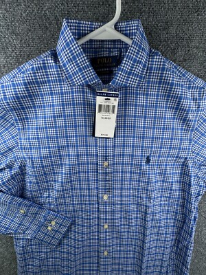 NWT Polo Ralph Lauren EASY CARE Button Up Shirt BLUE WHITE Check 15 32/33