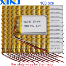 100x 3.7V 200mAh Li-Ion Battery w/NTC Thermistor, 3-Wires, 0.74Wh, 402030 Cells