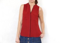 90s Dark red blouse with hidden buttons, Vintage loose-fitting sleeveless shirt