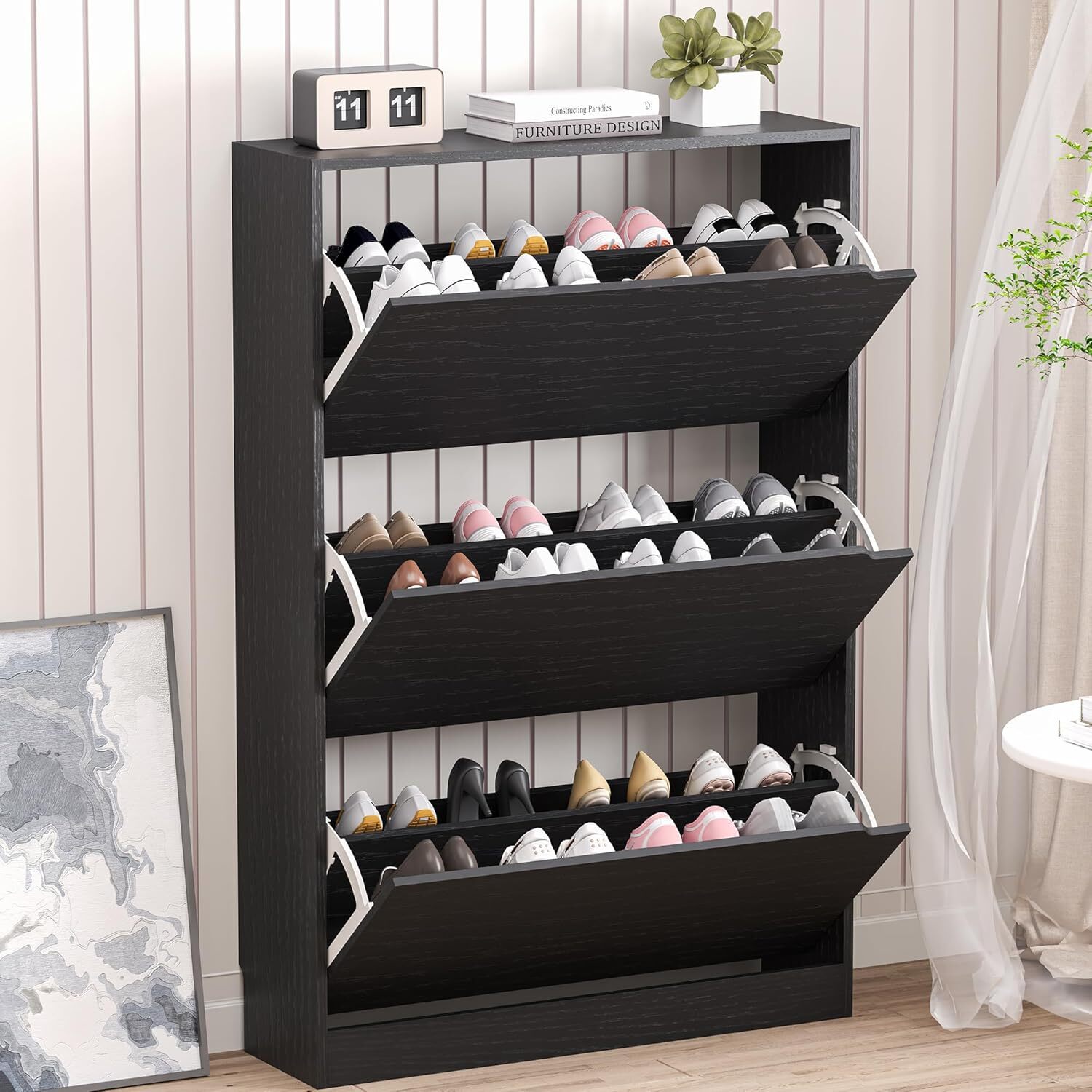 Shoe Storage Cabinet with 3 Flip Drawers,Narrow Shoe Rack Cabinet,Freestanding