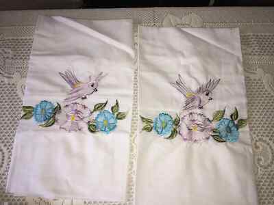 Vintage Bird & Floral Embroidered Pillowcases Set of 2   29.5''x17.25''   Estate
