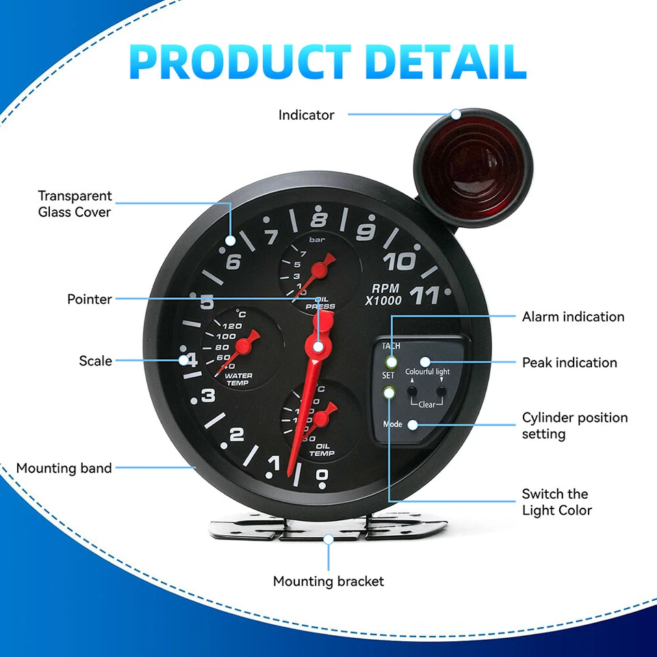 4 In1 Car Auto Gauge Kit (Tachometer+Water Temp+Oil Pressure Meter+Oil Temp) US - Изображение 4 из 4