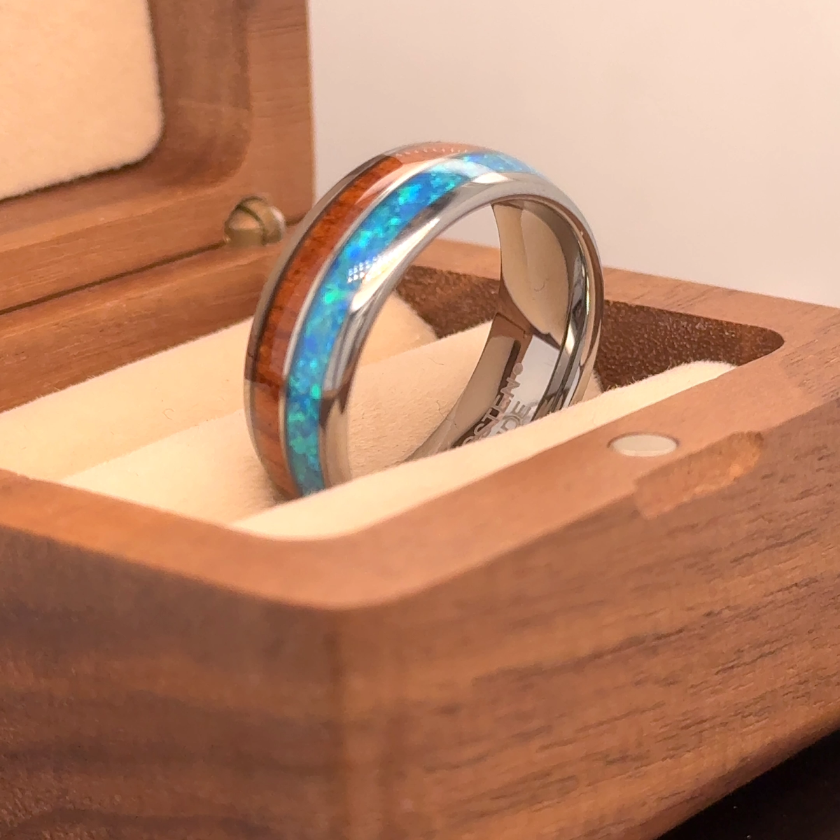 Aloha Hawaiian Koa Wood with Turquoise Inlay Tungsten Wedding Band