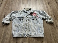 Vintage Light Wash Denim Rose Embroidered Distressed Jean Jacket Size L