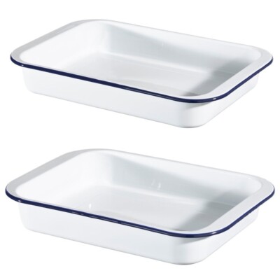 Hairy Bikers Large Medium White Enamel Steel Roasting Tin Set