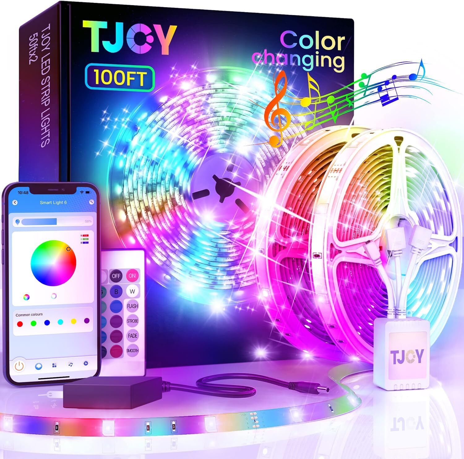 TJOY 100ft Bluetooth LED Strip Lights Music Sync LED Lights Strip RGB Color C...