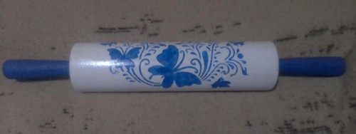 Wooden 17" rolling pin. Blue and white butterfly design