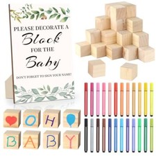 Baby Shower Game Set 50 Wooden Blocks  Acrylic Markers Woodland Theme