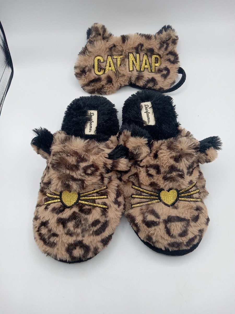 Dearfoams Cat Nap Slippers With Eye Mask Size Small US 5-6 UK
