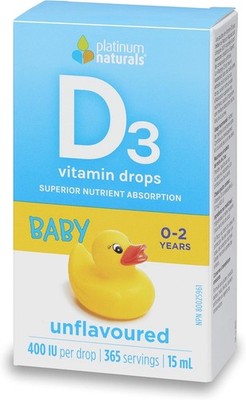 Platinum Naturals Baby Vitamin D3 Drops 400IU Unflavored Support Infant 15ml NEW