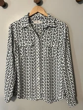 Loft Rabbit Print Button Down Blouse Green Bunnies Size Small Roll tab sleeves