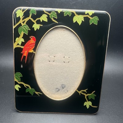 Vintage Cloisonné Enamel Floral Photo Frame Red Parrot Bird On Tree Black Frame