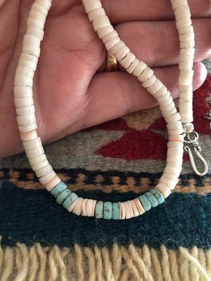 Native American 19 -21  Turquoise White  Clamshell Heishi Necklace 925 Hook
