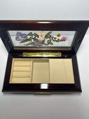 Vtg Dried Flower Mahogany Jewelry Music Box Nadia's Theme Wind Up 8x4-Pretty!!