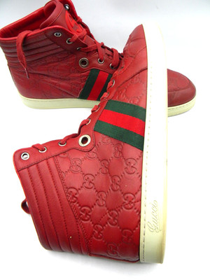 GUCCI Red Logo Embossed Leather High Top Sneakers Size 11.5 G