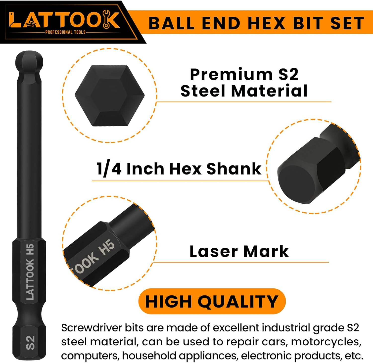 Ball End Hex Head Allen Wrench Drill Bit Set (24PCS Metric & SAE), LATTOOK 1/4" 