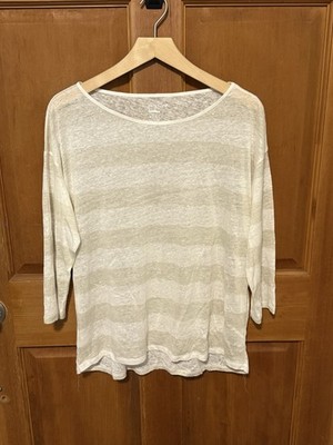 MAJESTIC FILATURES Neiman Marcus Linen Striped 3/4 Sleeve T-Shirt Womens Medium