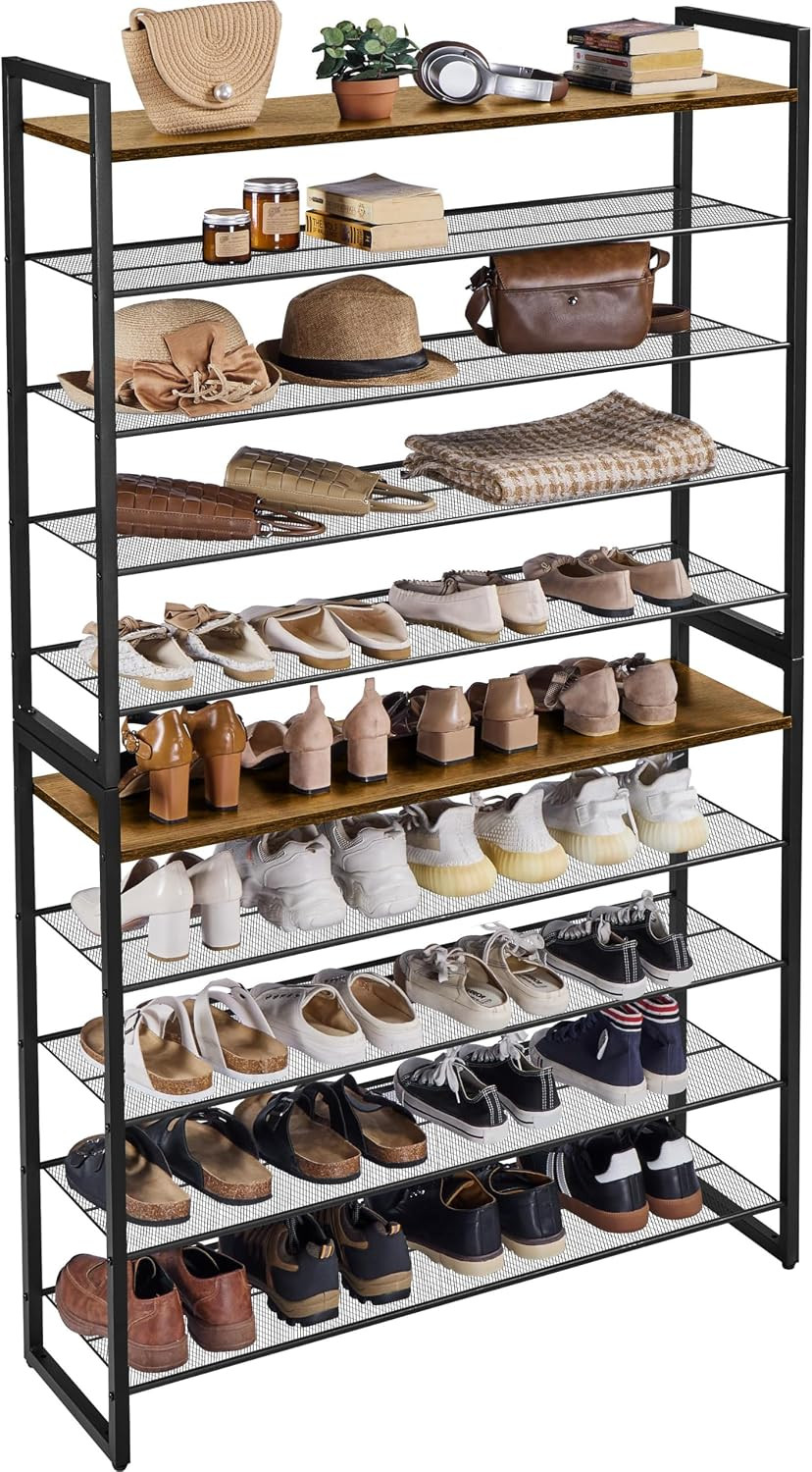 Zapatero de metal apilable de 10 niveles con tapa de madera, marrón rústico