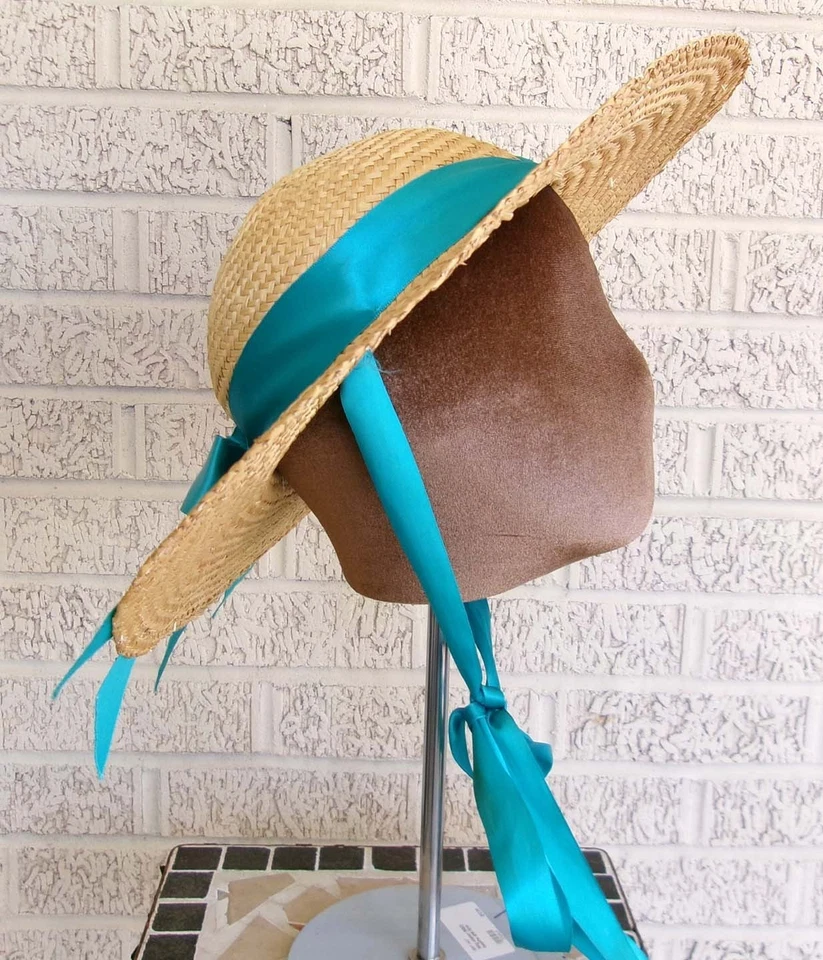 Sombrero de paja colonial Williamsburg siglo XVIII para niños y mujeres verde azulado cinta corona baja Foto 3 de 4