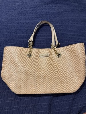 Calvin Klein Beige Woven Tote Bag with Gold Chain Handles and Logo Plaque