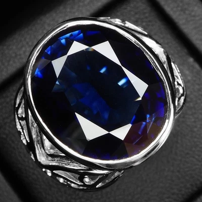 Luxueuses bagues de lunette en argent sterling 925 saphir bleu vif 24,75 carats - Photo 1/4
