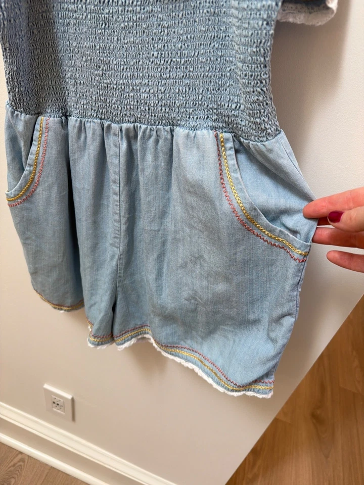 Matilda Jane Picnic in the Park Romper Girls 16 Chambray Blue Ruffled W Pockets - Image 3 of 4