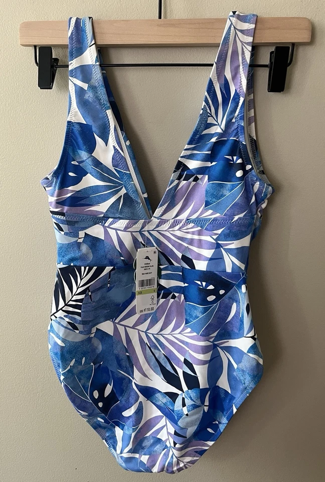 NUEVO CON ETIQUETAS Tommy Bahama Palma Moderno Cuello en V Una Pieza Yegua Azul Marino Para Mujer Talla 4 Foto 3 de 4