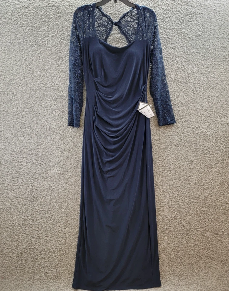 B&A By Betsy & Adam Lace-Sleeve Square-Neck Gown Women's 14 Navy Zip Closure~ - Image 2 of 4