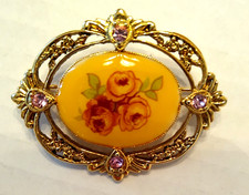 Vintage Victorian Style Floral Oval Gold Tone Pink Rhinestone Brooch Pin Nice