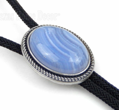 Blue Agate Bolo Tie Oval Stone Real Silver Plated 36'' Adjustable Fiber Cord