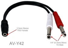 6" 3.5mm Stereo Female to Dual Left & Right 1/4" Mono Male Y-Cable, AV-Y42