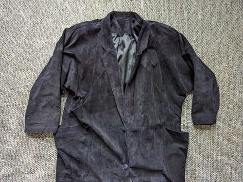 womens SUEDE vintage TRENCH COAT leather jacket 2XL western 1990s rancher blue - Picture 4 of 6
