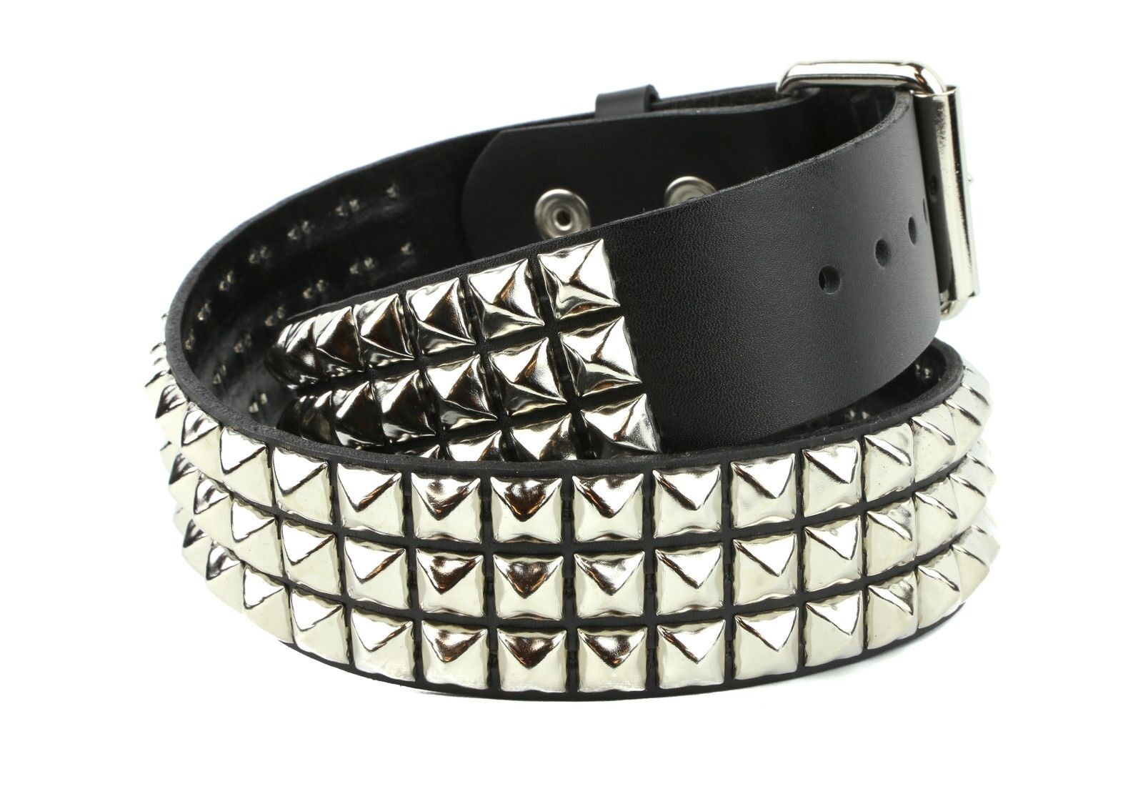 Studded 3 Row Silver Pyramid USA Made Belt Genuine Leather Punk Rock Gothic