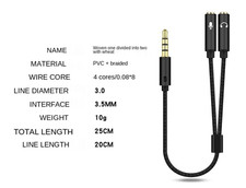 Black 3.5mm Headset Adapter Headphone Mic Y Splitter Cable AUX Stereo Audio Male