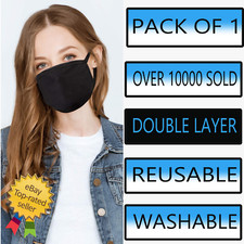 BLACK COTTON FACE MASK UNISEX DOUBLE LAYER WASHABLE REUSABLE