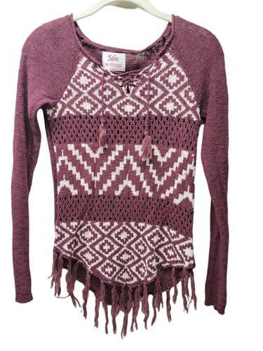 JUSTICE Girls 12 Sweater Long Sleeves Fringe Lace Up Burgundy Ivory - Picture 2 of 9
