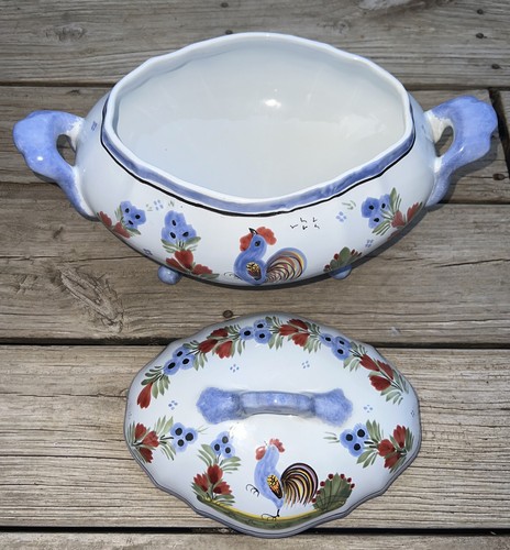 HB Quimper French Faience Hand Painted Rooster Footed Lidded Soup Tureen / Dish - Picture 6 of 12