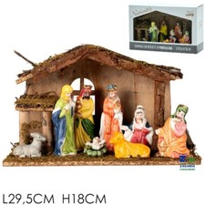 SET NATIVITA' 8 PZ STATUE DEL PRESEPIO SU BASE CON CAPANNA CM 29,5X18 H