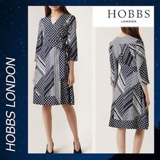 Hobbs patchwork print wrap front viscose Shelly Dress in Navy Ivory UK size 8